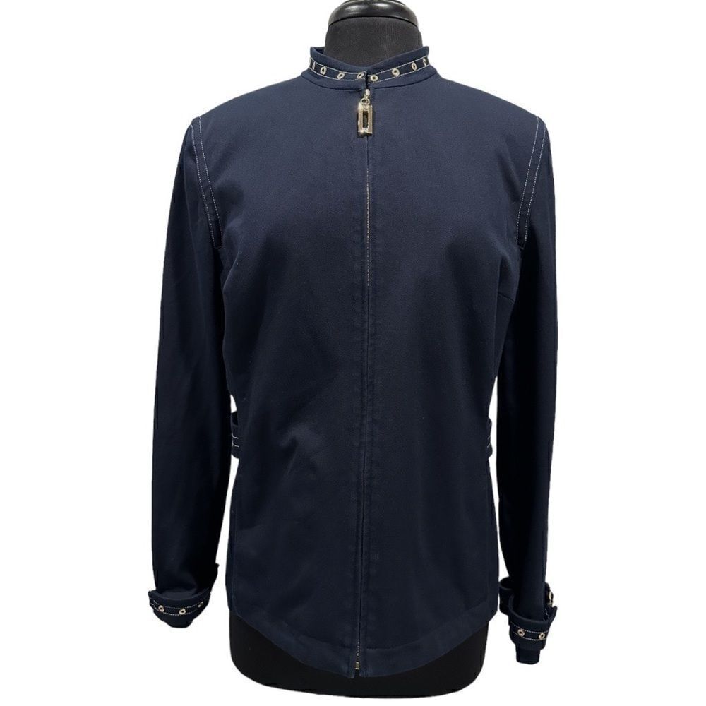 St John Sport by Marie Gray Navy Blue Zip Front Grommet Trim Sport Coat Jacket